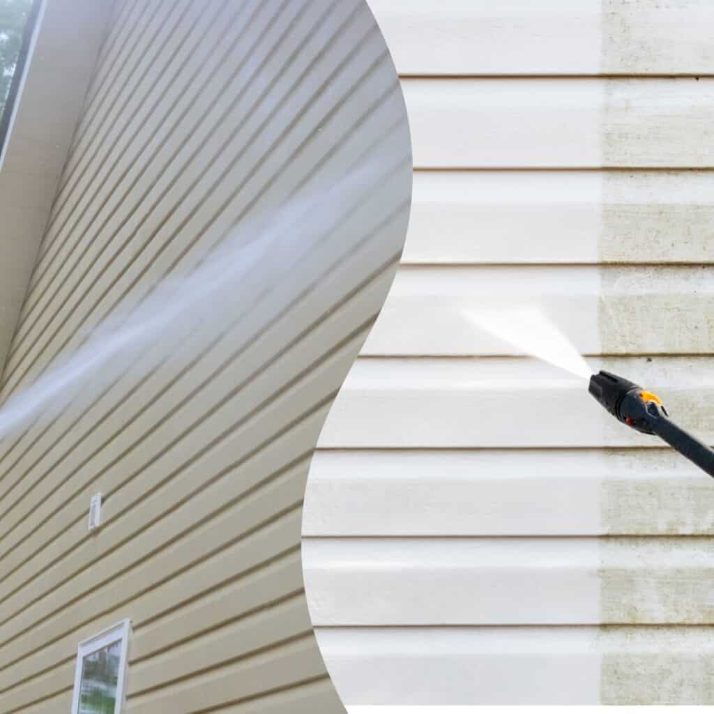 High-pressure washer cleaning beige siding on house for fresh look.
